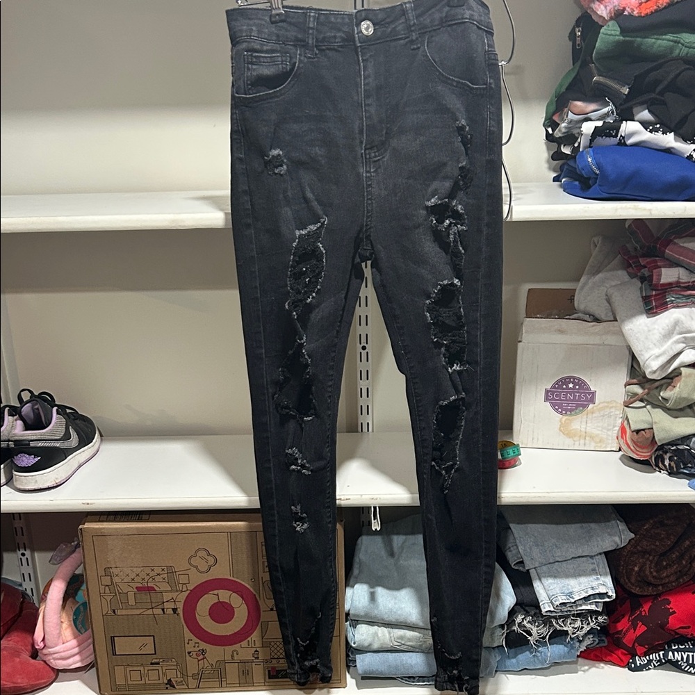 SHEIN Dark Charcoal Distressed Skinny Jeans